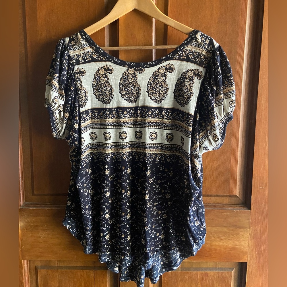 Free People Black and Cream Paisley Blouse